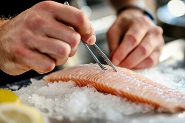 Preparing fresh salmon fillet culinary kitchen food preparation professional environment close-up shot culinary art