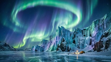 Northern lights creating a green and purple spectacle in the night sky above a frozen lake, icy cliffs, and a single camping tent glowing on the snowy shore