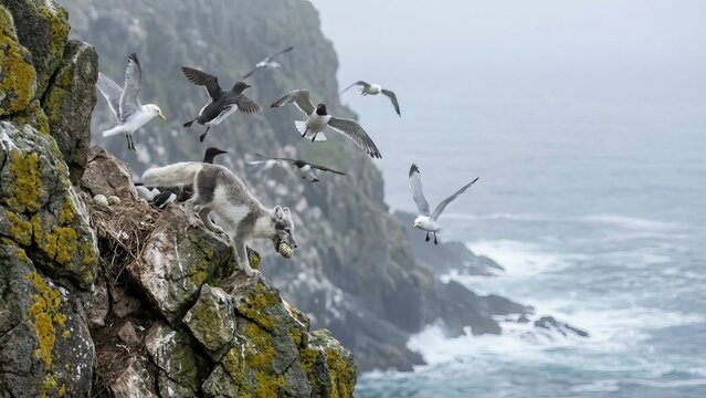 Arctic fox carefully bringing out a bird egg from a nest on a rocky cliff while multiple seabirds fly around, protecting their nesting grounds above the ocean waves