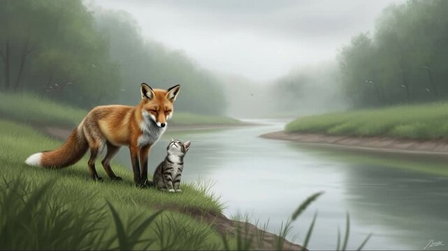 Fox and Kitten Friendship by Riverbank in Misty Forest