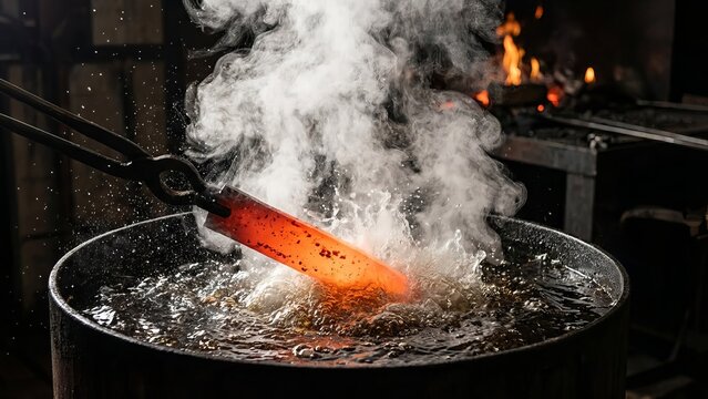 Blacksmith's tongs dunk glowing forged steel into a water bath, producing steam and bubbles in a dim workshop - close-up of traditional quenching and metalwork craft - Powered by Adobe