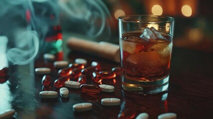 An iced drink among pills and cigarettes reflects harmful habits, serving as a cautionary backdrop for social campaigns promoting healthy lifestyles.
