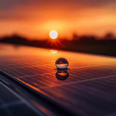 Sunset reflection on solar panel outdoor renewable energy site photography warm atmosphere close-up view sustainable concept