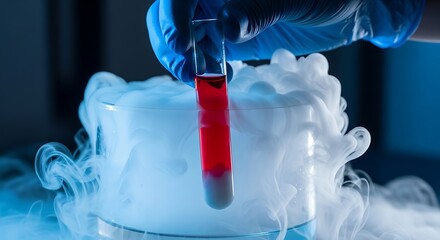 Scientist Hand in Blue Glove Holding Test Tube with Red Liquid Emerging from Cold Vapor in Laboratory