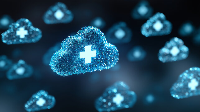 Medical cloud computing concept, healthcare data storage network, glowing cloud icons, secure digital infrastructure, blue futuristic background - Powered by Adobe