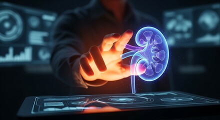 Doctor Interacting with Holographic 3D Model of Human Kidney Using Digital Tablet for Medical Diagnosis