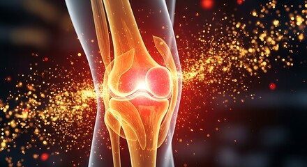 Glowing Human Knee Joint with Golden Light Particles Representing Healing Regeneration and Orthopedic Health