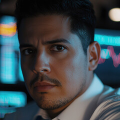 Focused business analyst in a technology-driven environment analyzing market trends office setting close-up view professional mindset