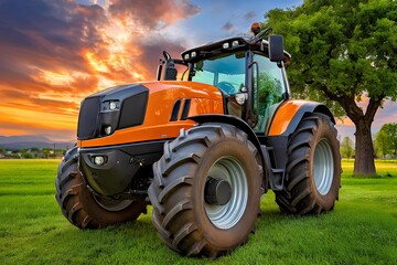 Obraz premium Agricultural tractor with large tires, parked on lush green grass, under a vibrant sunset sky, showcasing modern design and powerful machinery in a rural landscape