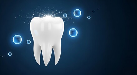 Healthy White Tooth with Sparkles and Water Bubbles on Dark Blue Background for Dental Care and Oral Hygiene