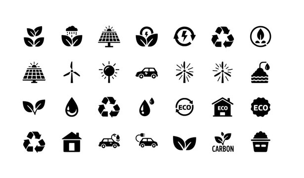 Black environmental sustainability icons vector set with ecology and renewable energy symbols