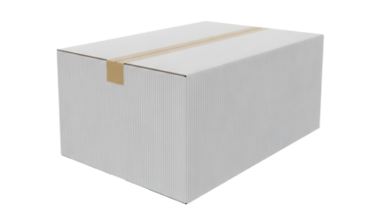 Sealed corrugated cardboard box isolated PNG on transparent background, shipping container for storage and delivery of goods