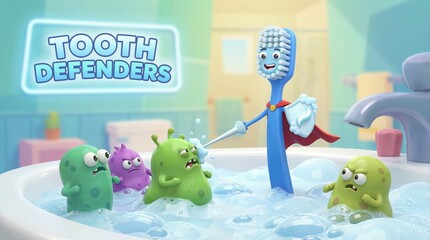 Toothbrush character wearing a cape and shield, symbolizing good dental hygiene, standing in a bubbling sink protecting teeth from mischievous germs in an animated scene
