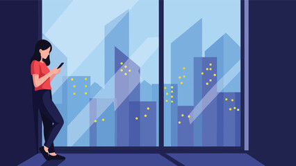 Obraz premium woman looking at her phone by the window with city view