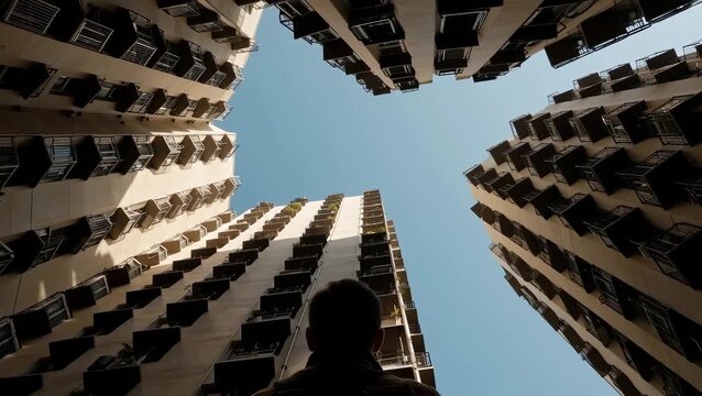 Urban Landscape with Male Silhouette Gazing Up at Skyscrapers in Modern City Architecture