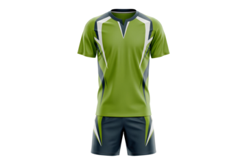 Green and grey short sleeve sports uniform mockup featuring a modern athletic design for team wear and branding customization isolated on transparent background 