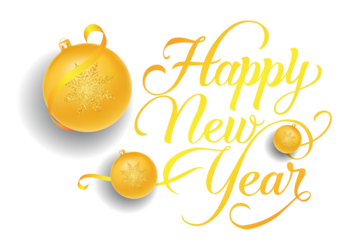 Golden happy new year lettering with festive baubles and snowflake decoration