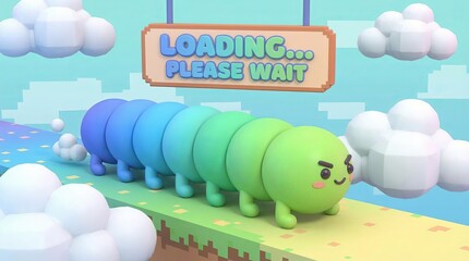 Colorful caterpillar character moving across a pixel art landscape with white clouds and a loading... Please wait sign, symbolizing data processing and digital wait times