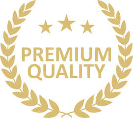 Golden laurel wreath with PREMIUM QUALITY text and three stars representing excellence and high standards isolated on white background