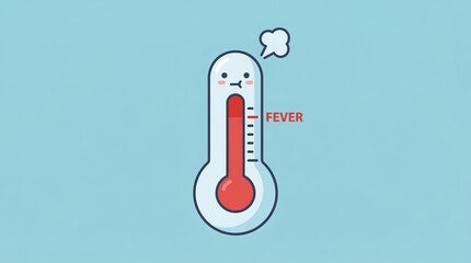 Character thermometer expressing discomfort and high red mercury level with steam, indicating fever and illness, providing a visual representation of medical health concerns