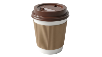 Disposable coffee cup with brown lid and corrugated sleeve isolated PNG, hot beverage container for takeaway and cafe use