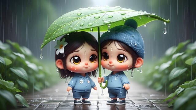 Two cute chibi children standing under a giant green leaf umbrella in the rain. Childhood friendship and weather protection. Little boy and girl wearing blue hoodies during a rainy day.