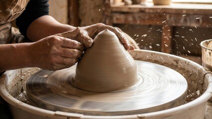 Potter hands shaping wet clay into a new creation on a spinning wheel, practicing traditional craftsmanship in a workshop environment with splashes of water