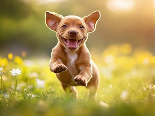 Playful puppy running through sunlit field outdoor animal photography nature close-up joyful moment