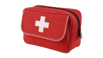 Red first aid kit bag with white cross isolated on transparent PNG, medical emergency equipment for healthcare and safety