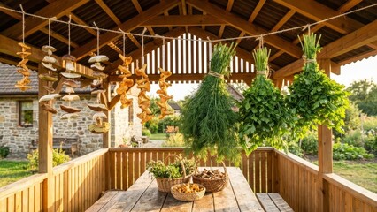 Freshly harvested wild boletus, chanterelles, dill, and parsley hanging to air dry in a wooden gazebo, showcasing traditional methods of food preservation and sustainable living
