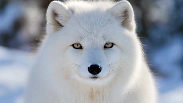 Ultra HD white arctic fox close-up with ultra-detailed fur, soft winter lighting, and crisp nose texture, 4k cinematic.