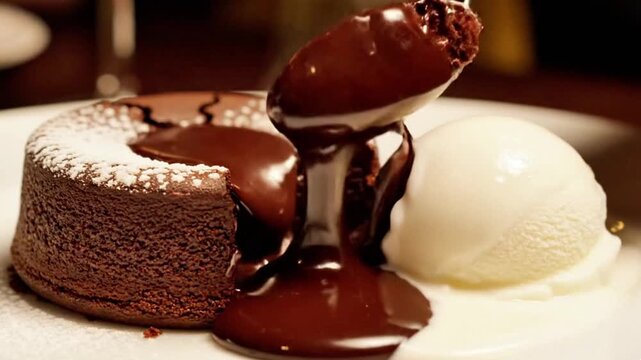 Molten chocolate lava cake being cut open with a spoon, warm fudge flowing out, plated with vanilla ice cream.