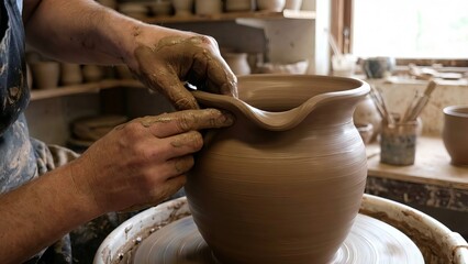 Artisan hands shaping wet clay on a spinning potter's wheel, crafting a ceramic pitcher in a pottery workshop, demonstrating traditional craftsmanship and creative process