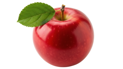 Shiny red apple with green leaf isolated PNG, fresh fruit close-up on transparent background for healthy eating and food design