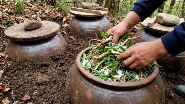 Hands adding green herbs, roots, and white salt to an onggi pot, partially buried in the ground, representing traditional korean fermentation practices in a natural outdoor setting