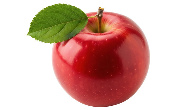 Shiny red apple with green leaf isolated PNG, fresh fruit close-up on transparent background for healthy eating and food design