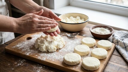Fototapeta premium Hands forming raw syrniki or cottage cheese pancakes from white dough mixture on a floured wooden chopping board, with additional cottage cheese and flour in bowls nearby preparing for cooking