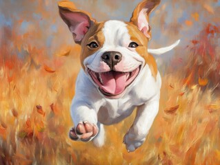 Joyful dog running through autumn leaves outdoor park digital art playful atmosphere close-up shot happiness unleashed