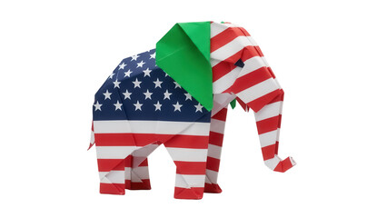 Origami elephant with American flag pattern isolated PNG, patriotic paper craft animal on transparent background for design and decoration