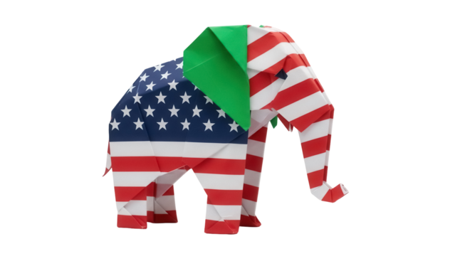 Origami elephant with American flag pattern isolated PNG, patriotic paper craft animal on transparent background for design and decoration - Powered by Adobe