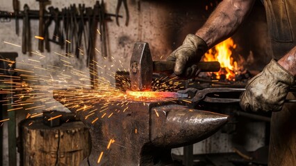 Blacksmith craftsman striking hot molten metal with a hammer on an anvil, creating a dynamic burst of orange sparks and demonstrating traditional steel forging in a dark workshop