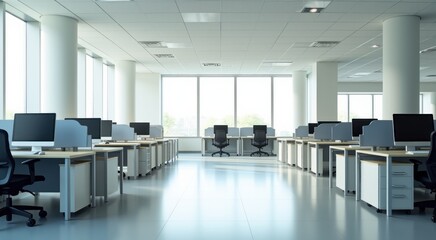 Many computers and desks in this office with large windows