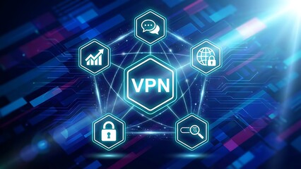 Virtual private network concept featuring glowing digital icons for security data transfer communication analytics and global access against a dark blue tech background