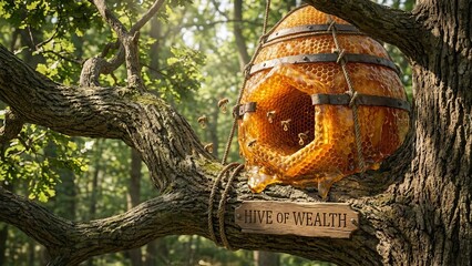 Golden honeycomb beehive with dripping honey and flying bees hanging by ropes and metal bands from a sturdy oak tree branch, representing wealth and natural abundance in a dappled forest