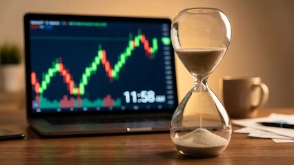 Hourglass sand falling, symbolizing the passing of time and urgency in financial trading decisions, with a laptop displaying a candlestick chart in the background on a wooden desk