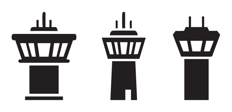 Three air traffic control tower icons representing aviation, communication, and airport operations are depicted in a clean, modern vector illustration style.