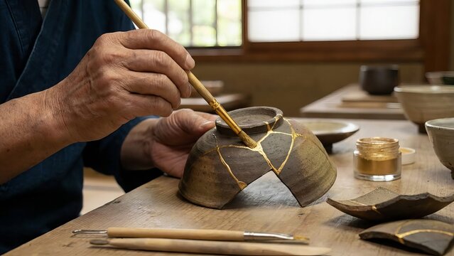 Japanese artisan's hands carefully applying gold lacquer to mend a broken pottery bowl, highlighting the kintsugi art of visible repair and wabi-sabi philosophy