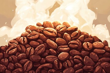 Coffee beans pile coffee shop digital artwork warm lighting close-up aromatic bliss