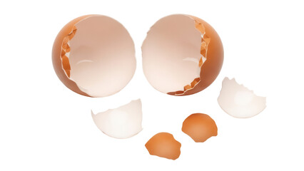 Broken eggshell halves isolated PNG on transparent background, cracked brown eggshell pieces for food preparation and cooking