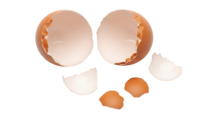 Broken eggshell halves isolated PNG on transparent background, cracked brown eggshell pieces for food preparation and cooking